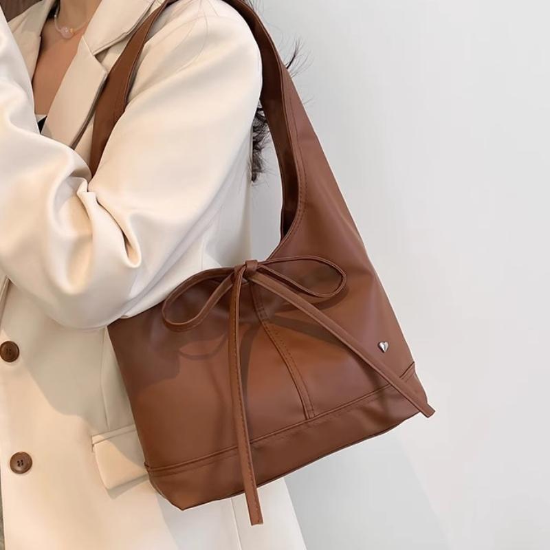 Korean Leather Hobo Bag Women's Bow Decorative Shoulder Bag Minimalist Solid Color Commuter Handbag Versatile Underarm Tote Bag