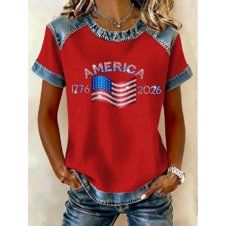 2026 Spring/Summer Women s Waffle Knit Top Round Neck Short Sleeve Back Neck Slit Round Neck T-Shirt S