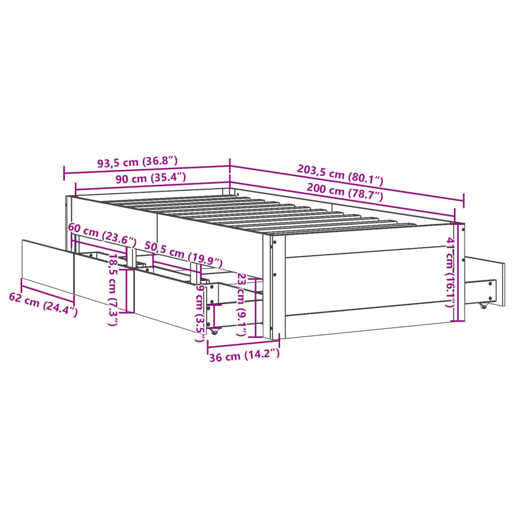 Solid Wood Bed Without Mattress with Drawers White 90x200 Cm