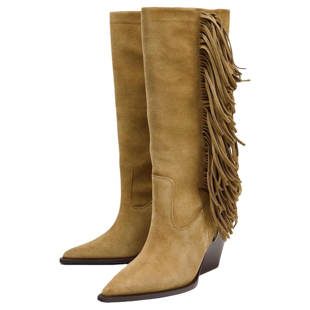 ZARA Lightweight Vintage Fashion Suede Fringe Pointed Toe High Heeled Knee Boots Women boots Brown 13028510709