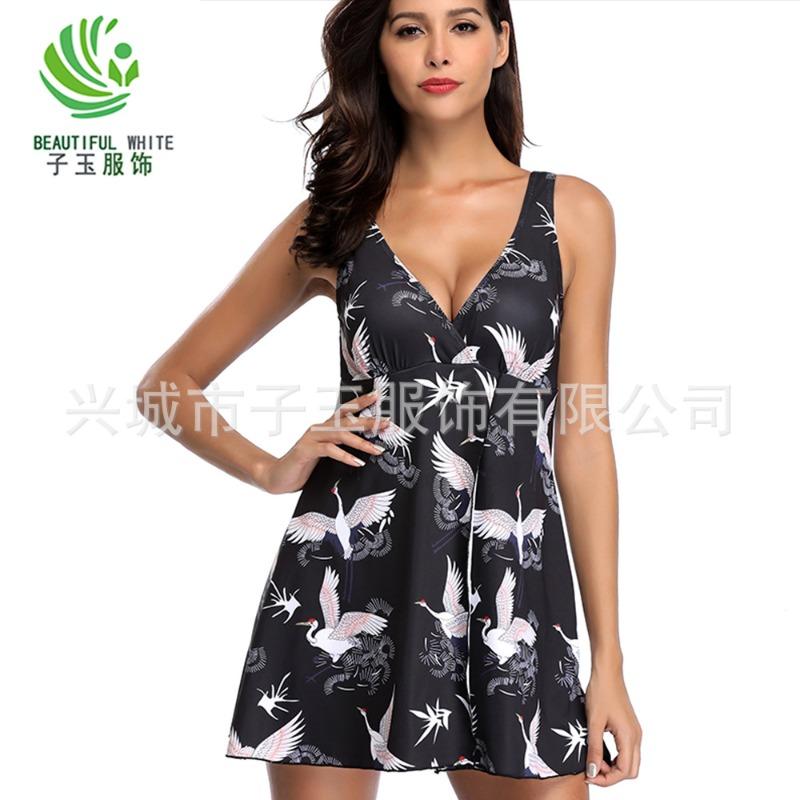 Swimsuit women's new large size conservative crane print sexy bikini one-piece swimsuit