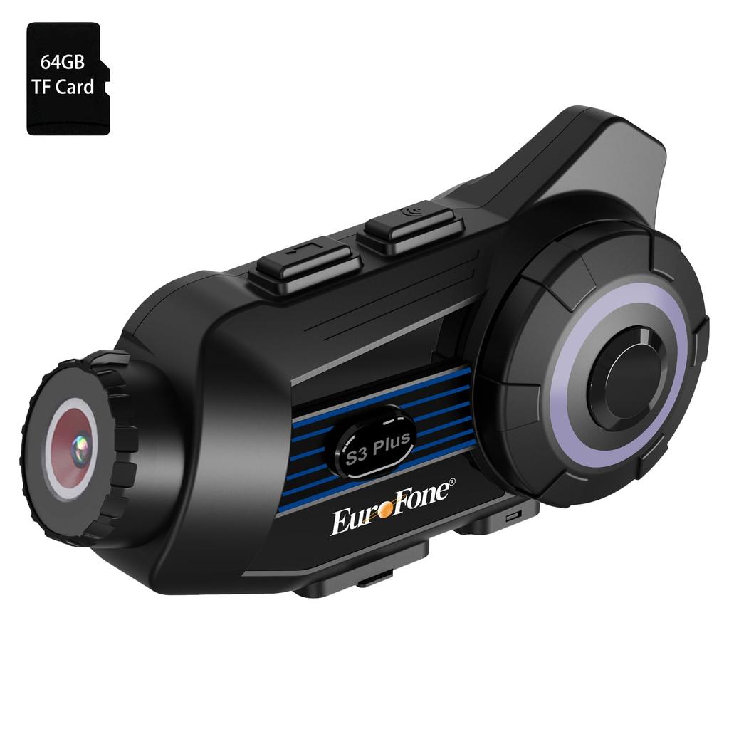 EuroFone S3 Plus Motorcycle Intercom with Simultaneous Up to 2000M 2K HD 8H Continuous WiFi Loop Wide Angle Music HiFi Sound FM IP67 Bluetooth Mesh