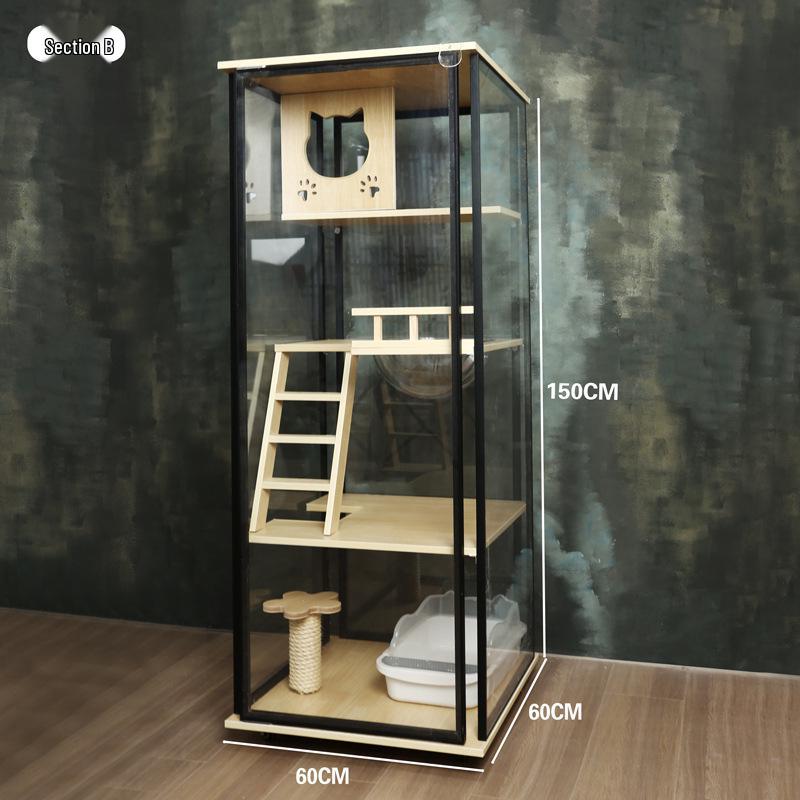 Transparent Three-Layer Luxury Indoor Cat Villa with Spacious Wood Design