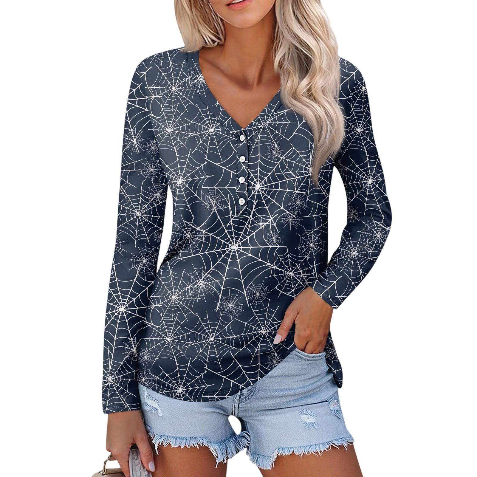 

Жіноча повсякденна мода сексуального комфорту на Хеллоуїн з друкованим V-подібним вирізом і довгим рукавом M Темно-синій