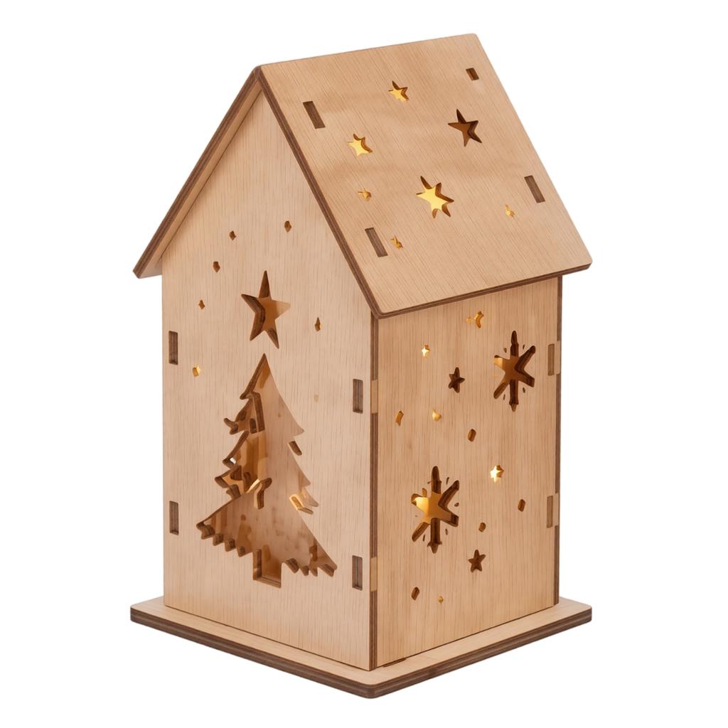 Wooden Christmas House Tabletop Decoration with Light - DIY Assembly Kit with Button Battery, for Holiday Home Decor