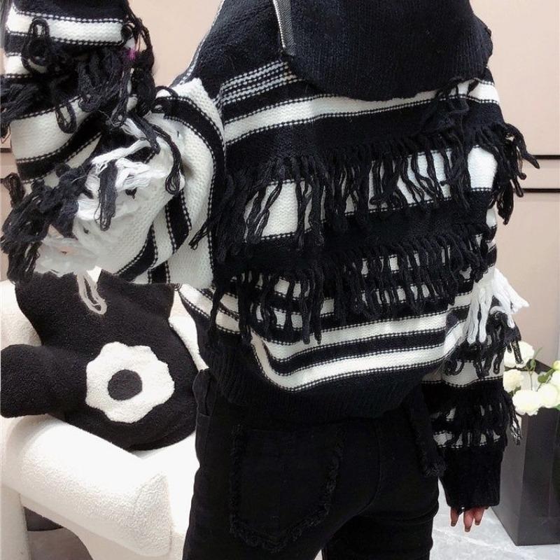 Polo Collar Sweater Pullover  Female 2023 New Long Sleeve High-end Zipper Knit Sweater Fringe Stripe Sweater Pullover Female Top