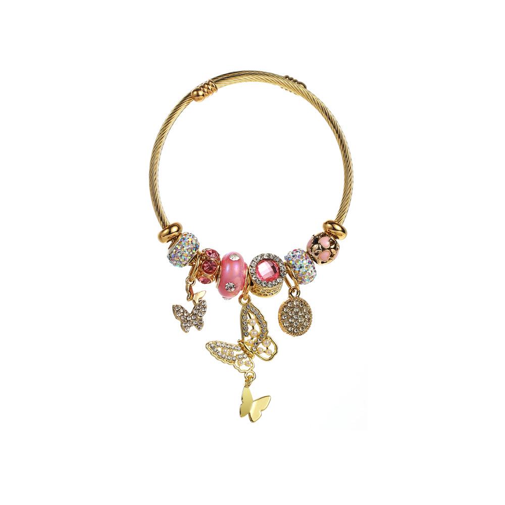 Bracelet Pendentif Cœur d'Amour Perlé Personnalisé Dora de Pan - Jonc Couple Réglable en Acier Inoxydable