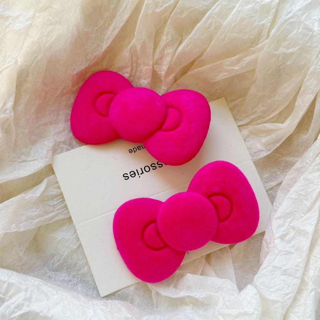 Large Pink Flocked Bow Hair Clip - Versatile Girly Bangs & Side Clip for Students