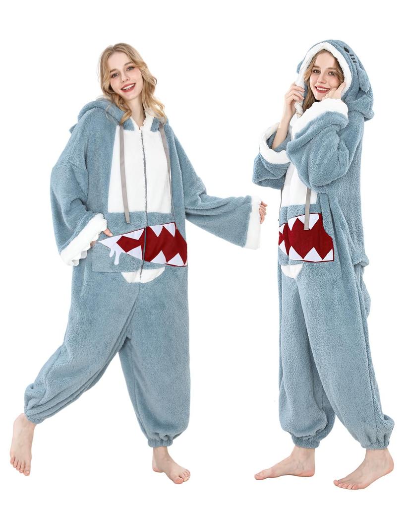 [Excellent Product] Unisex Shark Kigurumi Pajama Set, Fleece Material, Warm Loungewear, Includes 2 Pairs of Socks, Perfect for Winter (Shark, Size L)
