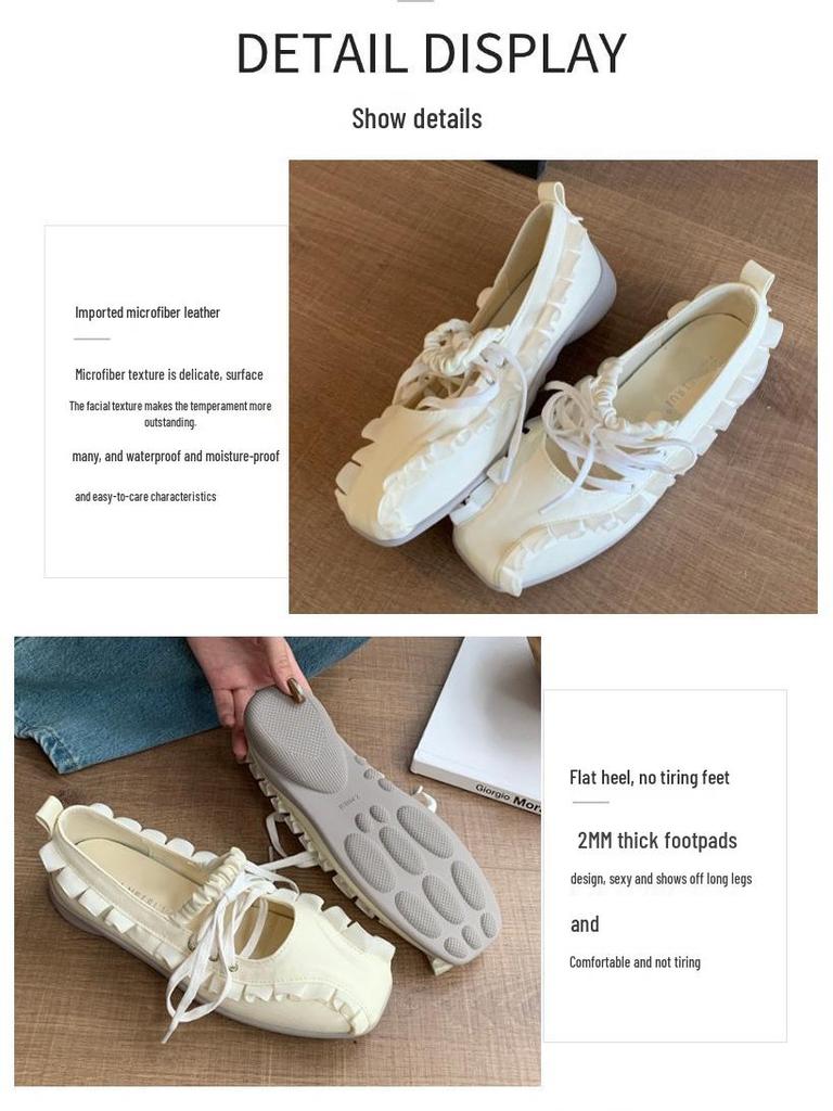 In-Stock 2025 Women's Korean Ballet Flats - Square Toe, Lace-Up, Low-Top Leather Sneakers