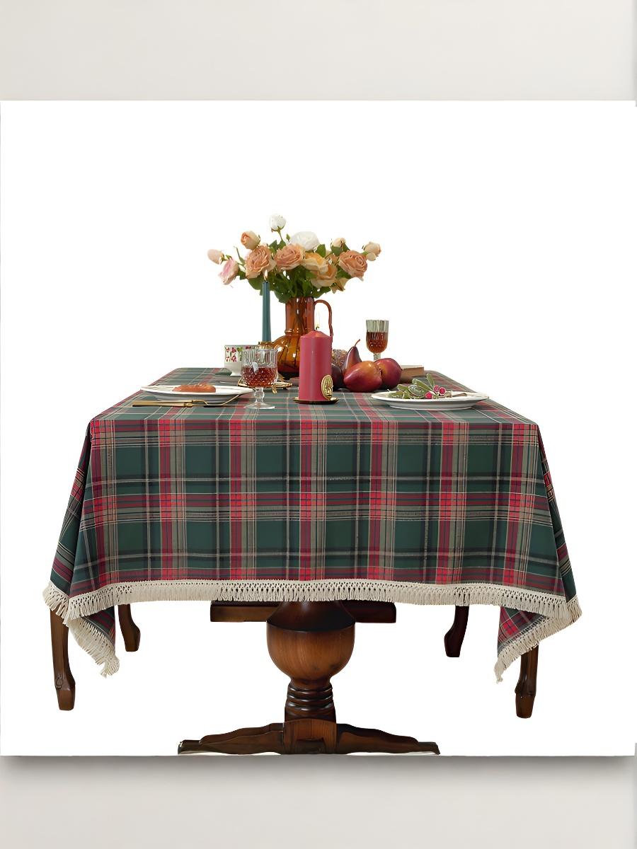 

Christmas Tablecloth American Jacquard Polyester Cotton Red Green Tassel Edge Holiday Table Cover Festive Home Dining Decor 140x200