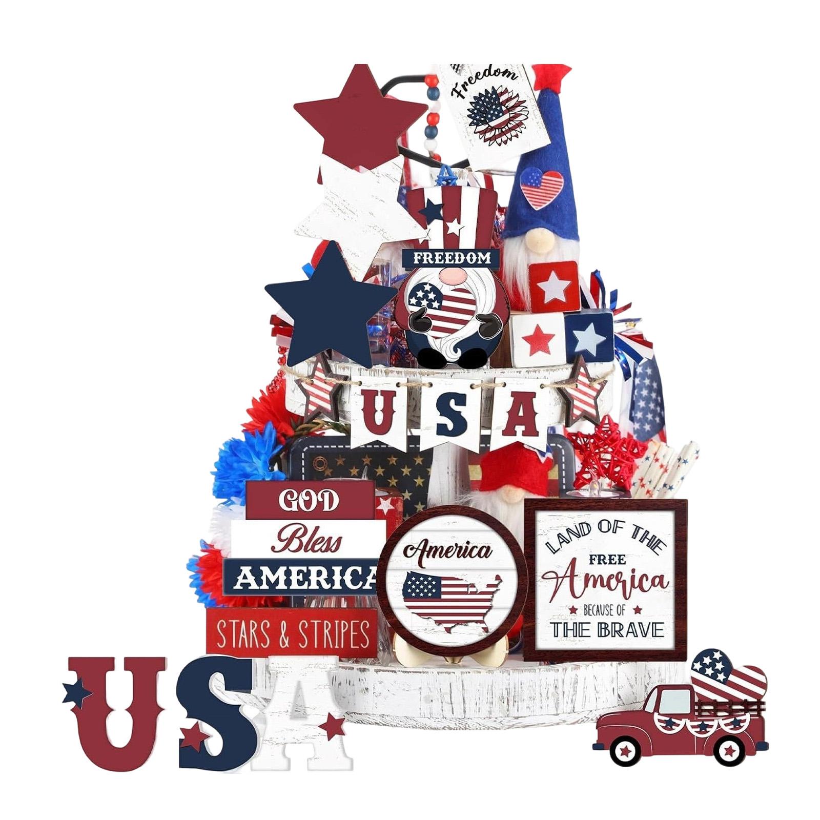 

Tiered Tray Decorations Set Wood Patriotic Decoration Rustic American Flag Star Red Blue Decor For Memorial Day 250th Anniversary Home Ind