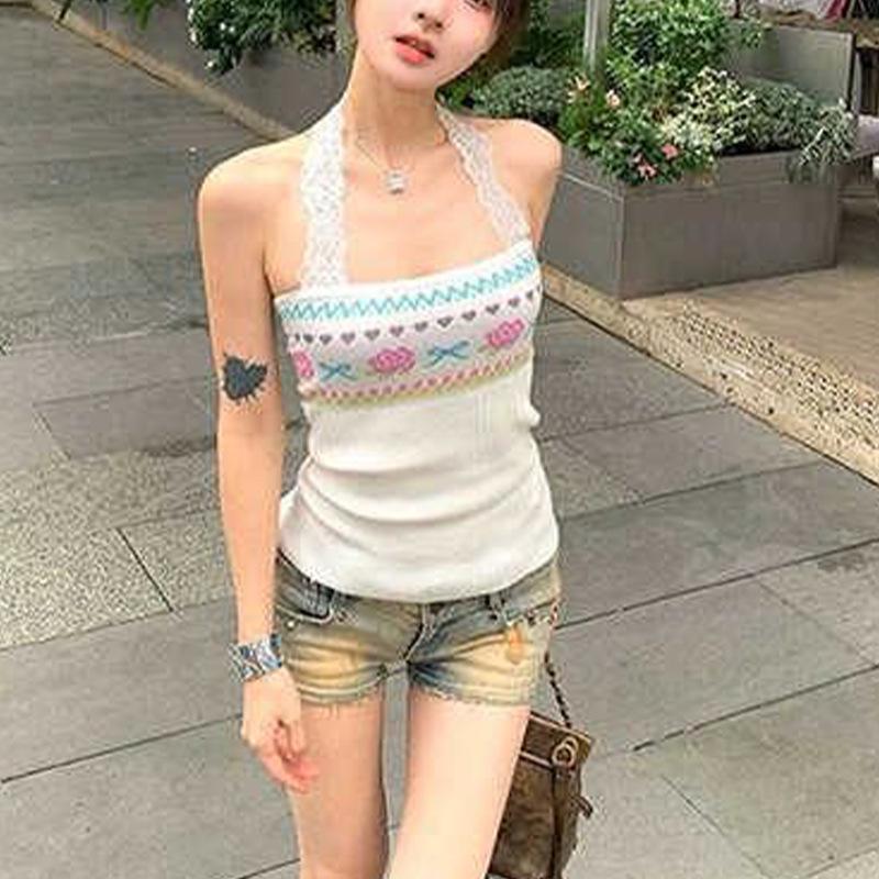 American Women s Color Block Knit Halter Tank Top - Spicy Girl Style Sleeveless Camisole One Size