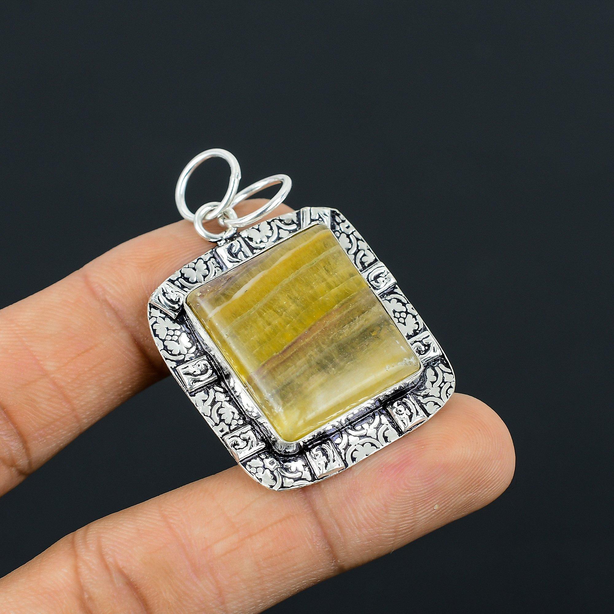 Easter Deal Square Multi Fluorite Gemstone Sterling Silver Bezel Pendant Jewelry