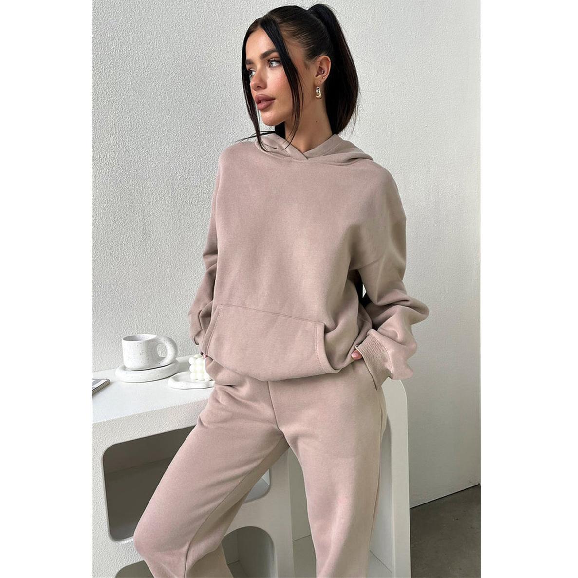 

Женский однотонный комплект осенне-зимнего флисового свитшота с длинными рукавами и капюшоном, модный повседневный толстовка, брючный костюм XL светло-розовый