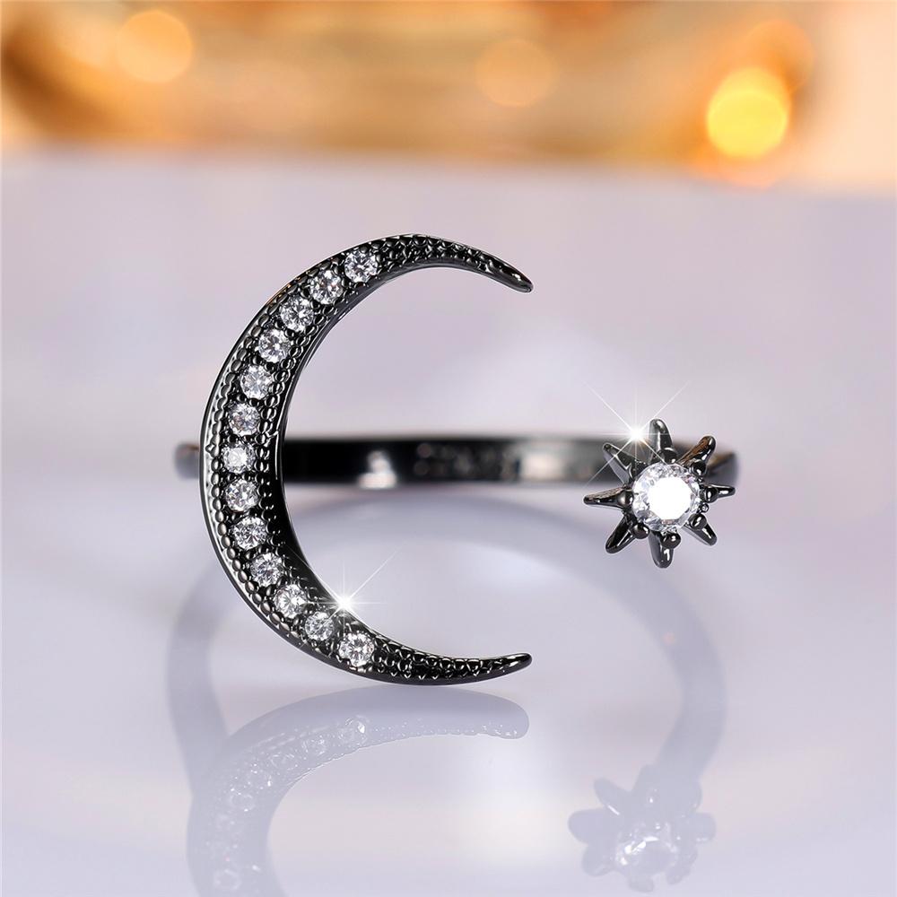 Charm Female Crystal Moon Star Open Ring Black Gold Color Vintage Wedding Jewelry For Women