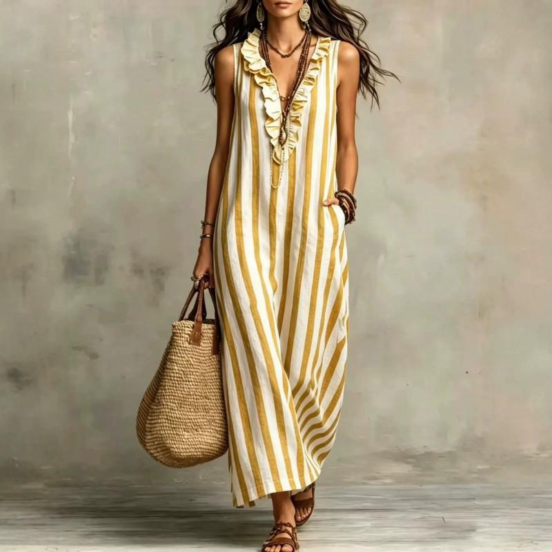 Women s Wear 2026 Bohemian Vertical Stripe V-neck Pocket Sleeveless Linen Dress Small красный
