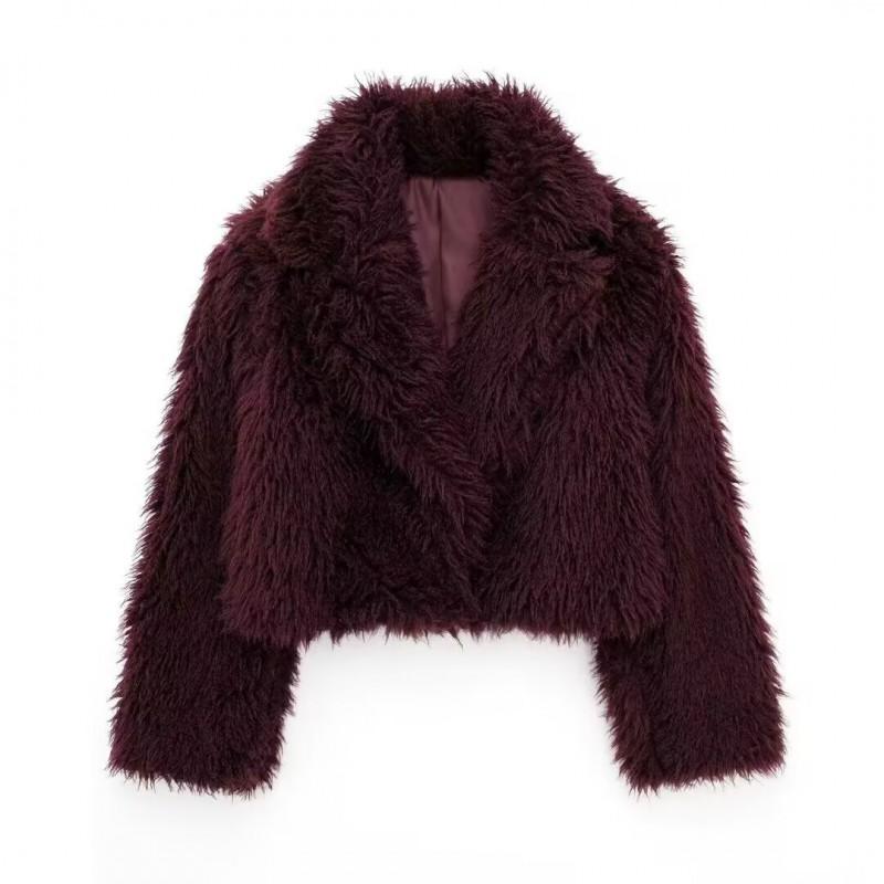 Womens Short Faux Fur Coat With Lapel Collar Long Sleeve 2025 Elegant Chic Outerwear In White Burgundy Coffee