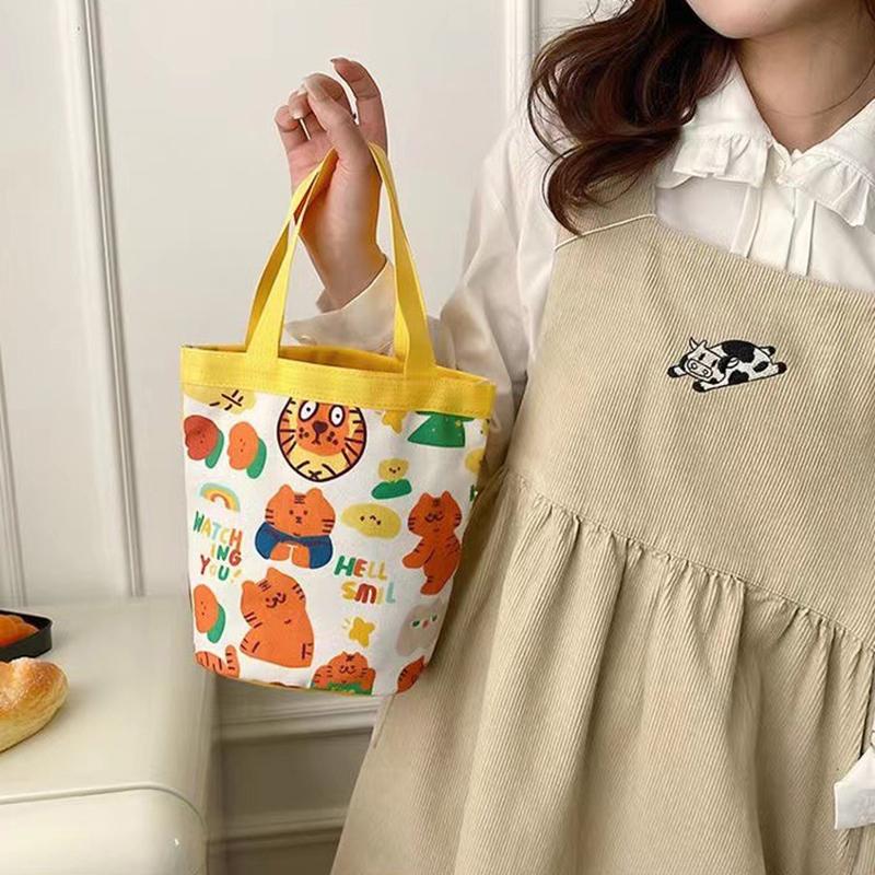 Geantă Găleată Graffiti cu Model Animal Drăguț Portabilă Geantă Cilindrică cu Inscripție Ins Geantă Canvas pentru Bento Geantă de Mână pentru Cutia de Prânz