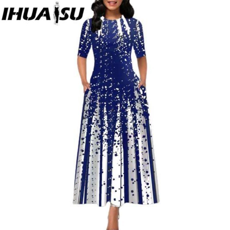 

IHUASU Повседневное женское платье-пуловер со средней талией и круглым вырезом, платье с принтом и большим подолом, платье с коротким рукавом и длиной до щиколотки, женские платья XXXXXL синий