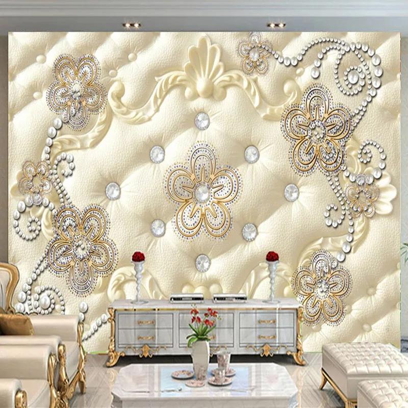 European Style Mural Wallpaper 3d Stereo Soft Roll Pearl Jewelry Flower Fresco Living Room Luxury Decor 3d Sticker Mural