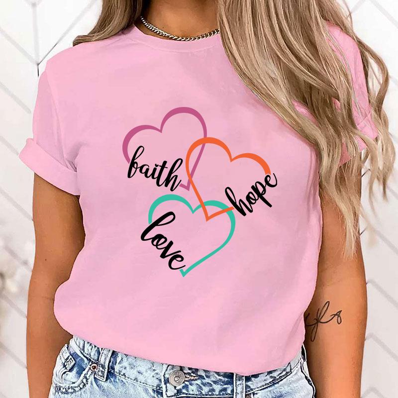 (High Quality Clothes)Funny Breast Cancer Awareness Faith Hope Love Letter Printing T-Shirts For Women Summer Tee Shirt