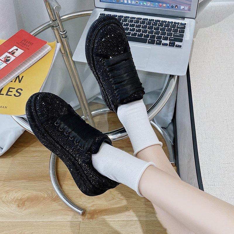 Small black shoes women's winter casual flat shoes women's rhinestone full diamond student board shoes women
