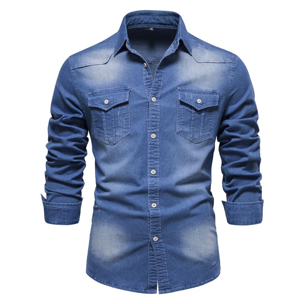 Elastic Cotton Denim Shirt Men Long Sleeve Quality Cowboy Shirts for Men Casual Slim Fit Mens Designer Clothing