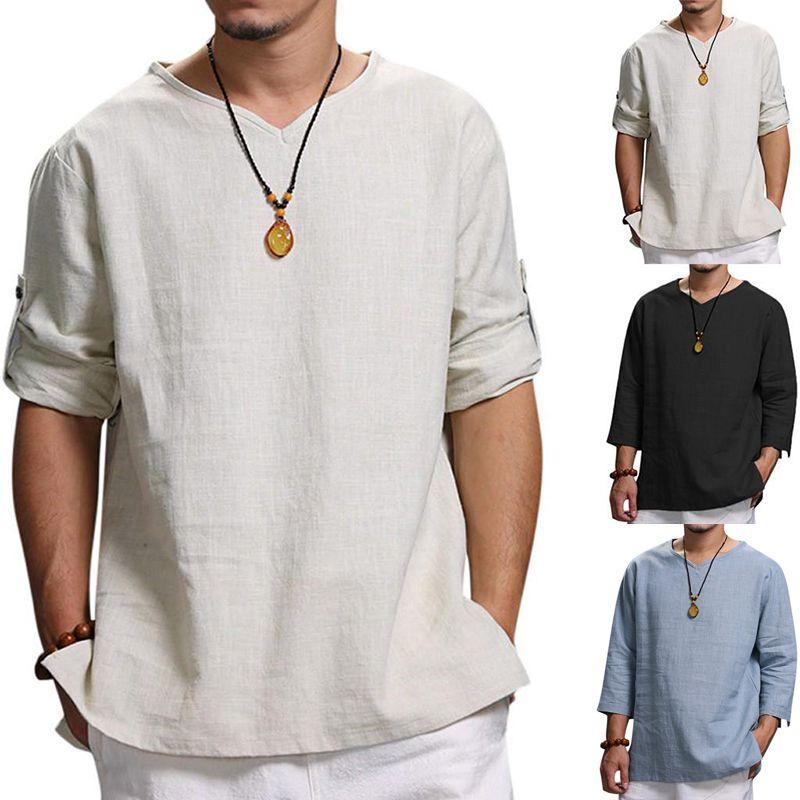 Shirt Mens Loose Long Sleeve V Neck Cotton Linen T Shirts Vintage Tops Blouse
