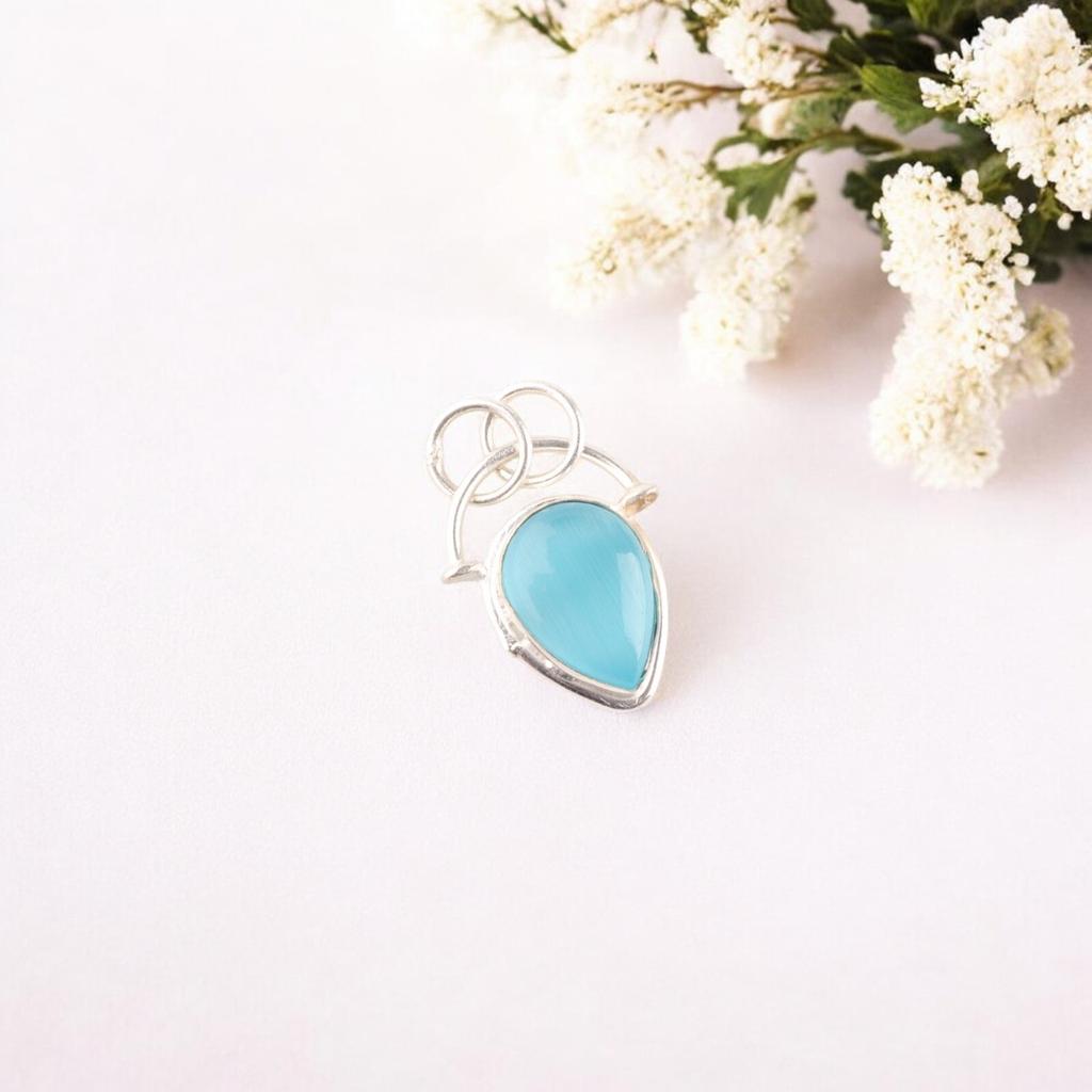 Blue Cat's Eye Gemstone 925 Stamped Silver Jewelry Pendant New Year Gift For Her PP-56-39