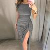 QICED Fashion Summer Spring Solid Color Print Short Sleeve Casual Dresses