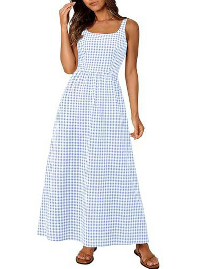 European & American Style Square Neck Plaid Shirred Dress - Fashionable Strappy Casual Women's Dress