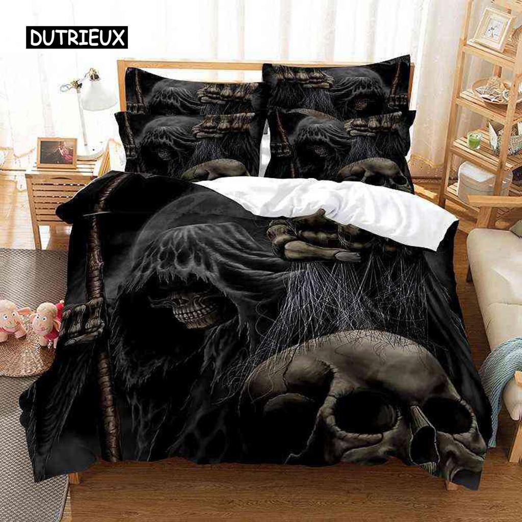 Skalle Dynetrekksett Twin Size Mikrofiber Oransje Ildskalle Sengetøy Barn Gutter 3D Skalle Design Mykt Komfortabelt Dundyne Trekk