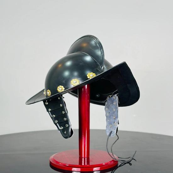 Spanischer Morion-Konquistadorenhelm mit Ständer, 16. Jahrhundert, geschwärzter Stahlhelm, mittelalterlicher Ritterhelm, handgeschmiedete Rüstung, Geschenk