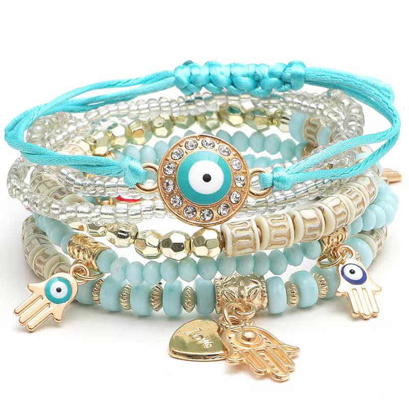 Bohemian Devil s Eye Palm Heart Pendant Multi-layer Elastic Bracelet