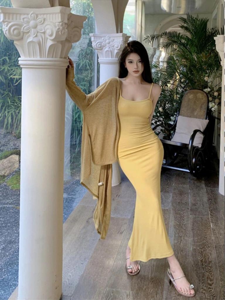 Sexy Spice Girl Temperament Waist Skinny Yellow Sleeveless Hip Wrap Suspender Dress Women's Summer Sunscreen Cardigan Two-piece Set