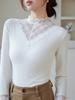 Women's Long-Sleeve Lace Semi-High Neck Fleece Mesh Top for Autumn/Winter