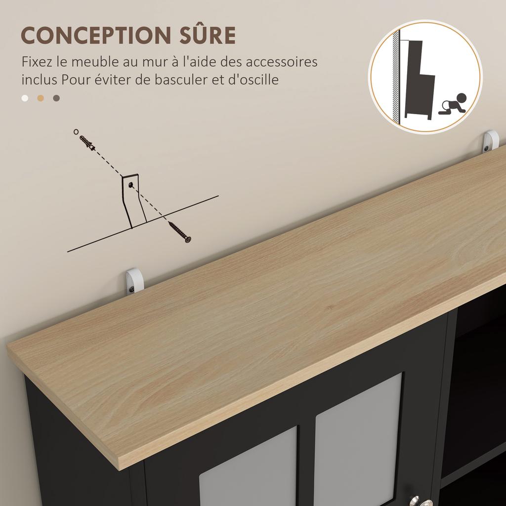 Kitchen Sideboard, Tall Kitchen Storage Unit, Storage Cabinet with Worktop, 3 Glass Doors, 2