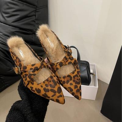 2025 Autumn New Suede One-word with Real Rabbit Fur Thick-soled Outer Wear Half Drag Inner Thick-soled Leopard Print Women's Tide Shoes