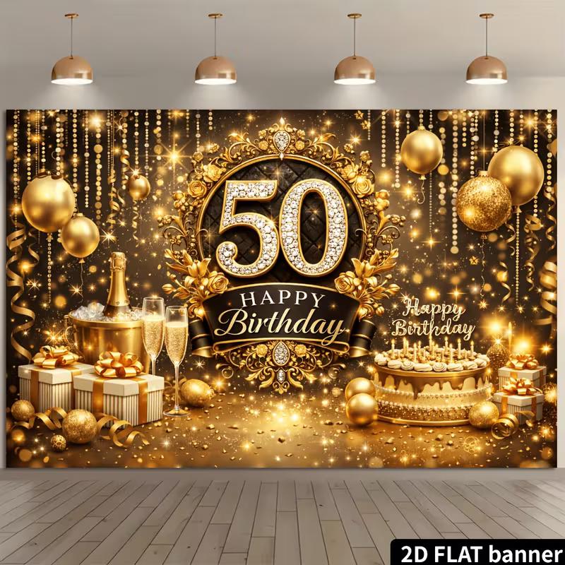 2D 50th Birthday Black Gold Themed Backdrop Photo Background Banner