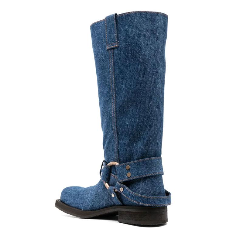 Fashion Blue Denim Riveted Women Motorcycle Boots Belt Buckle Design 3.5cm Thick Heel Knight Knee High Boots European American Style 44