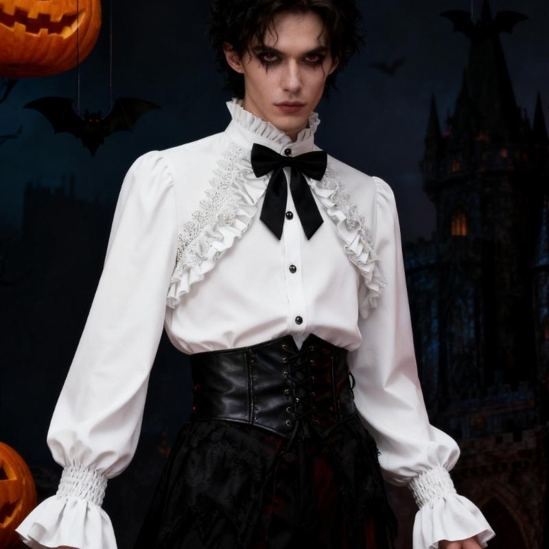 Gothic Lace Trim Blouse Halloween Cosplay Shirt Elegant Victorian Style Polyester Costume Top For Theme Parties