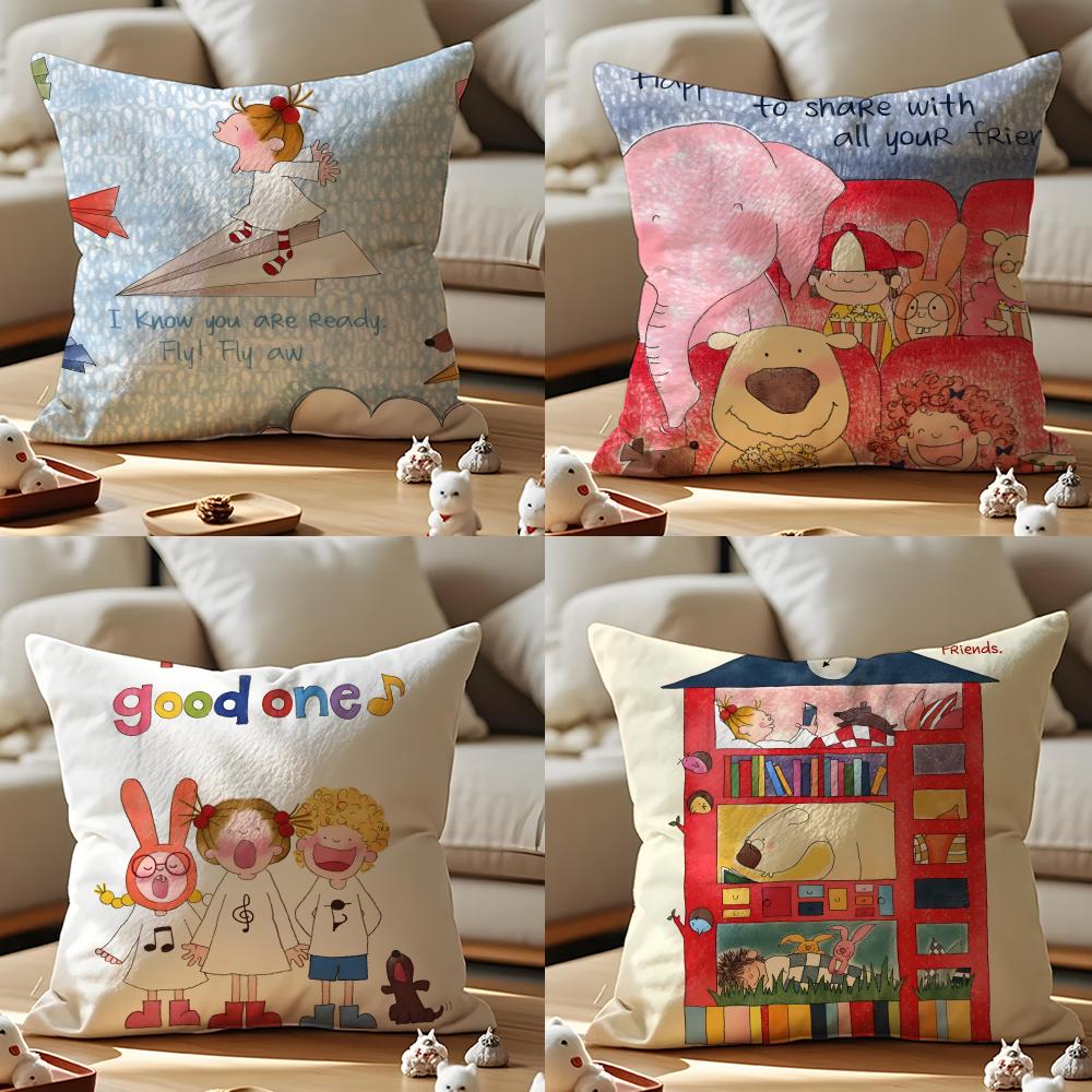 Japanese Cartoon Illustrations Cushion Cover Anti-dustmite Pillowcase Invisible Zipper Silky Short Plush Sofa Cushion Cover