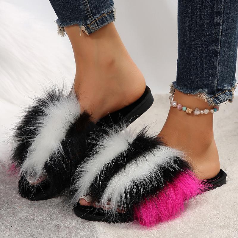 Fashion Fashion Mix Color Fluffy Fur Slippers for Women Winter Warm Cozy Indoor House Shoes Woman Open Toe Non Slip Plush Floor Slippers