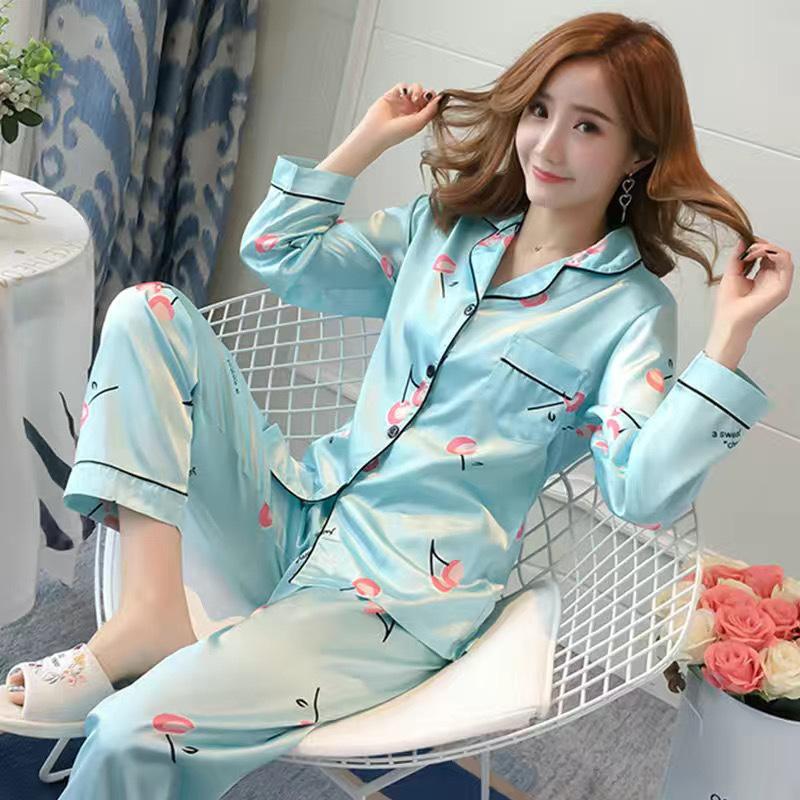 Pijama feminino de primavera e outono, manga comprida, fino, doce, verão, feminino, seda simulada, tamanho grande, conjunto de roupa de dormir solta