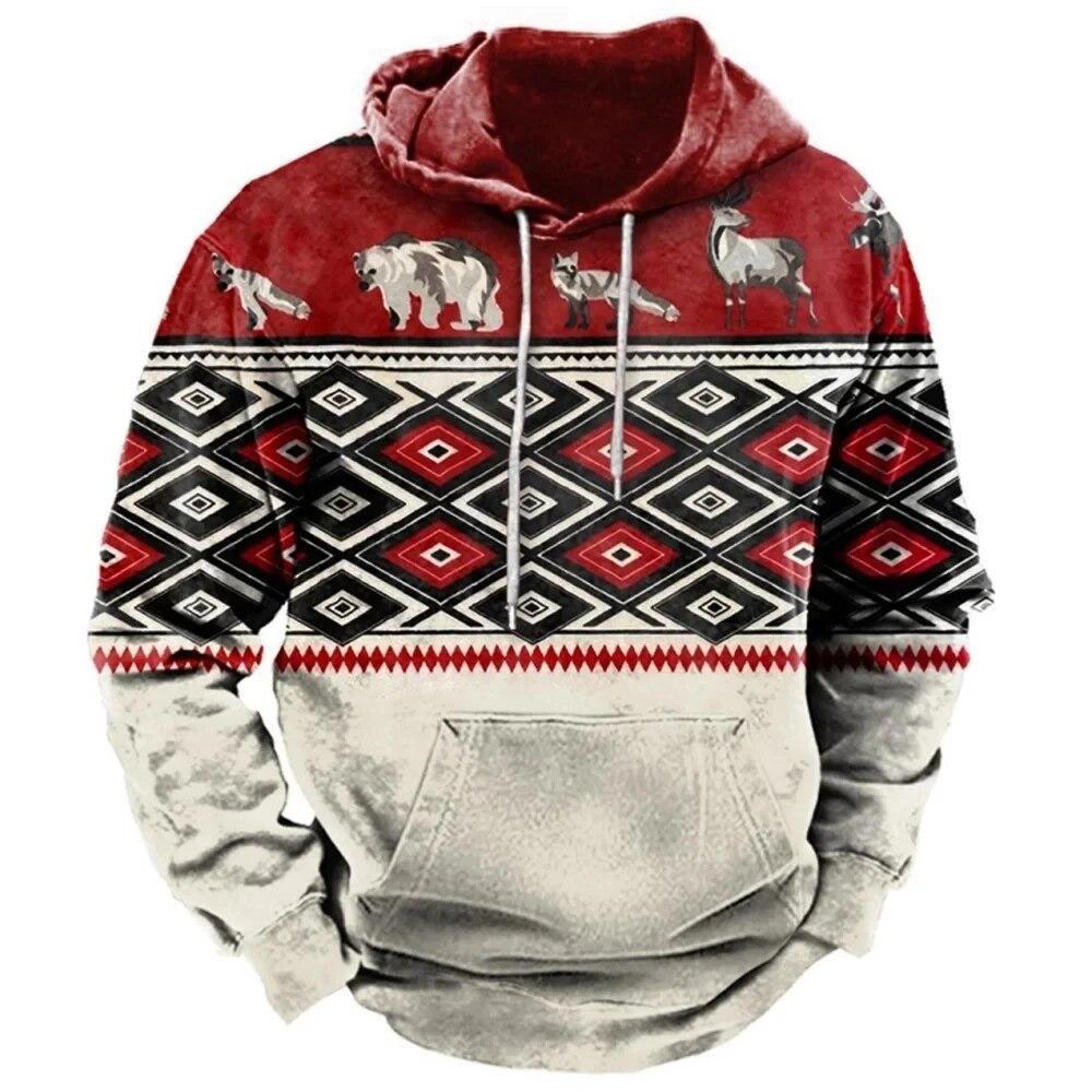 Christmas Men's Hoodie Retro Indian Animal Pattern Cowboy Style Casual Fashion Hooded Sweatshirt Unisex Harajuku Oversized Top