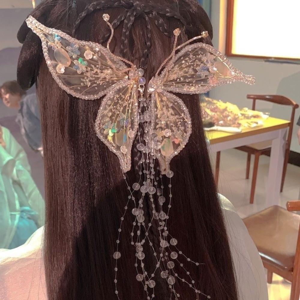 1Pair Fairy Wedding Bridal Headdress Animal Tassel Hair Clip Retro Butterfly Hairpins  Girl
