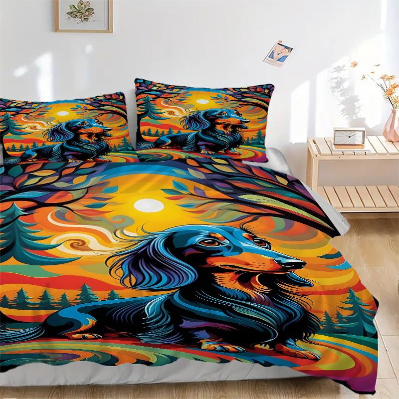 

3pcs Dachshund Art Print Duvet Cover Set, Cover For Bedroom Guest Room (1 Duvet Cover + 2 Pillowcase, Without Quilt), yy250922129 135x200cm