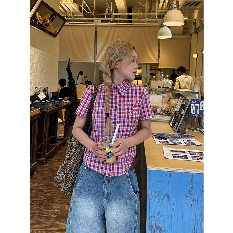 Women s Summer Retro Plaid Slim Fit Short-Sleeve Shirt - Versatile & Casual Medium