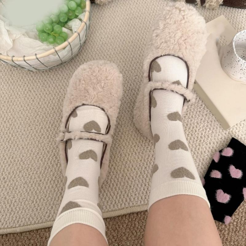 4 Pairs Womens Casual Crew Socks Elastic Fit Flocking Heart Pattern Soft Nylon Fabric Calf Socks for Comfort and Fashion